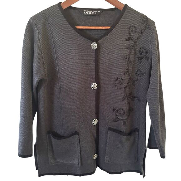Embroidered Womens M Classic Black Floral Jacket Glam Quiet Luxury Old Money Art - Picture 1 of 9
